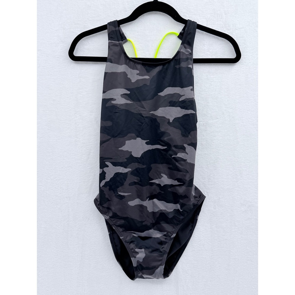 Athleta Freestyle Camo One Piece Swimsuit‎ Small 34 Black Grey Camo Neon Yellow